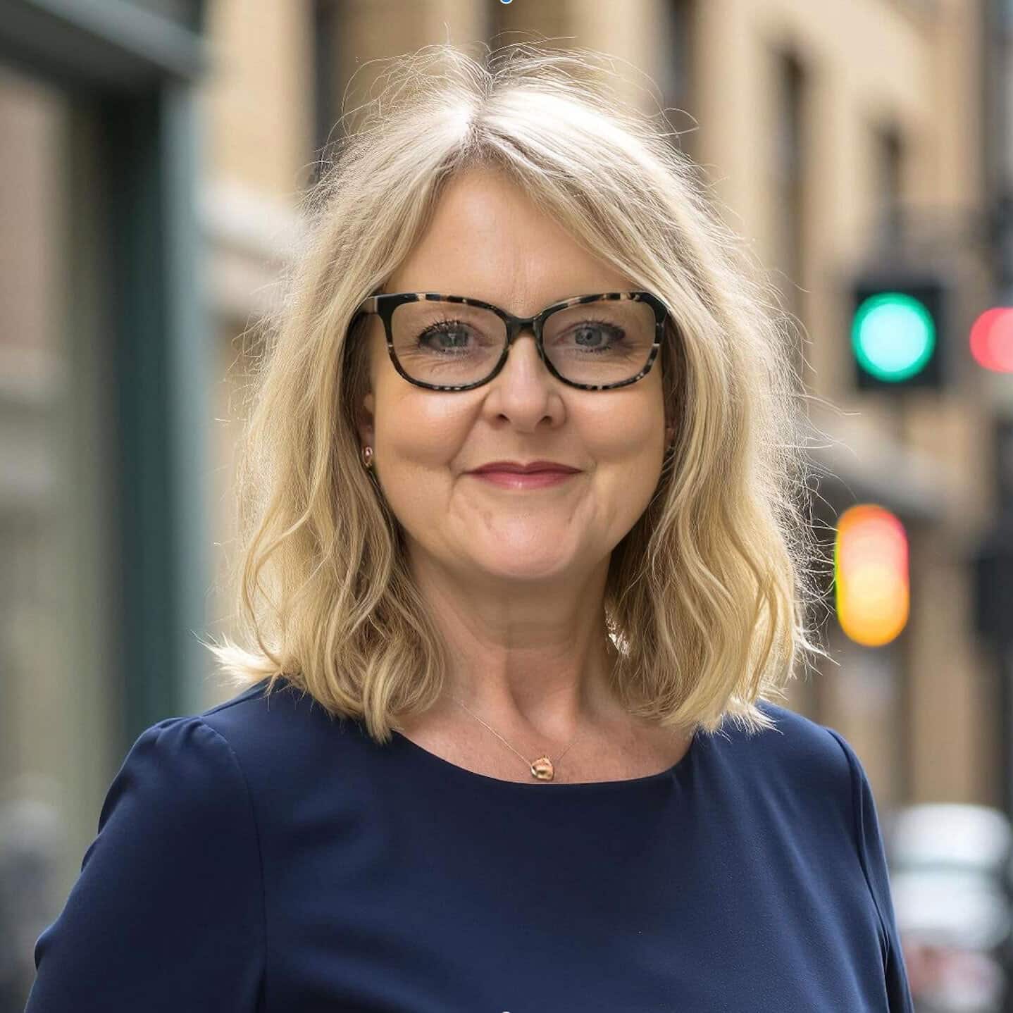 A person with glasses smiles warmly outdoors, in an urban setting with blurred buildings and traffic lights in the background.