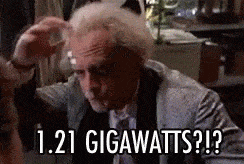A person with white hair appears surprised, holding their head, with text reading "1.21 GIGAWATTS?!?" in a dark indoor setting.