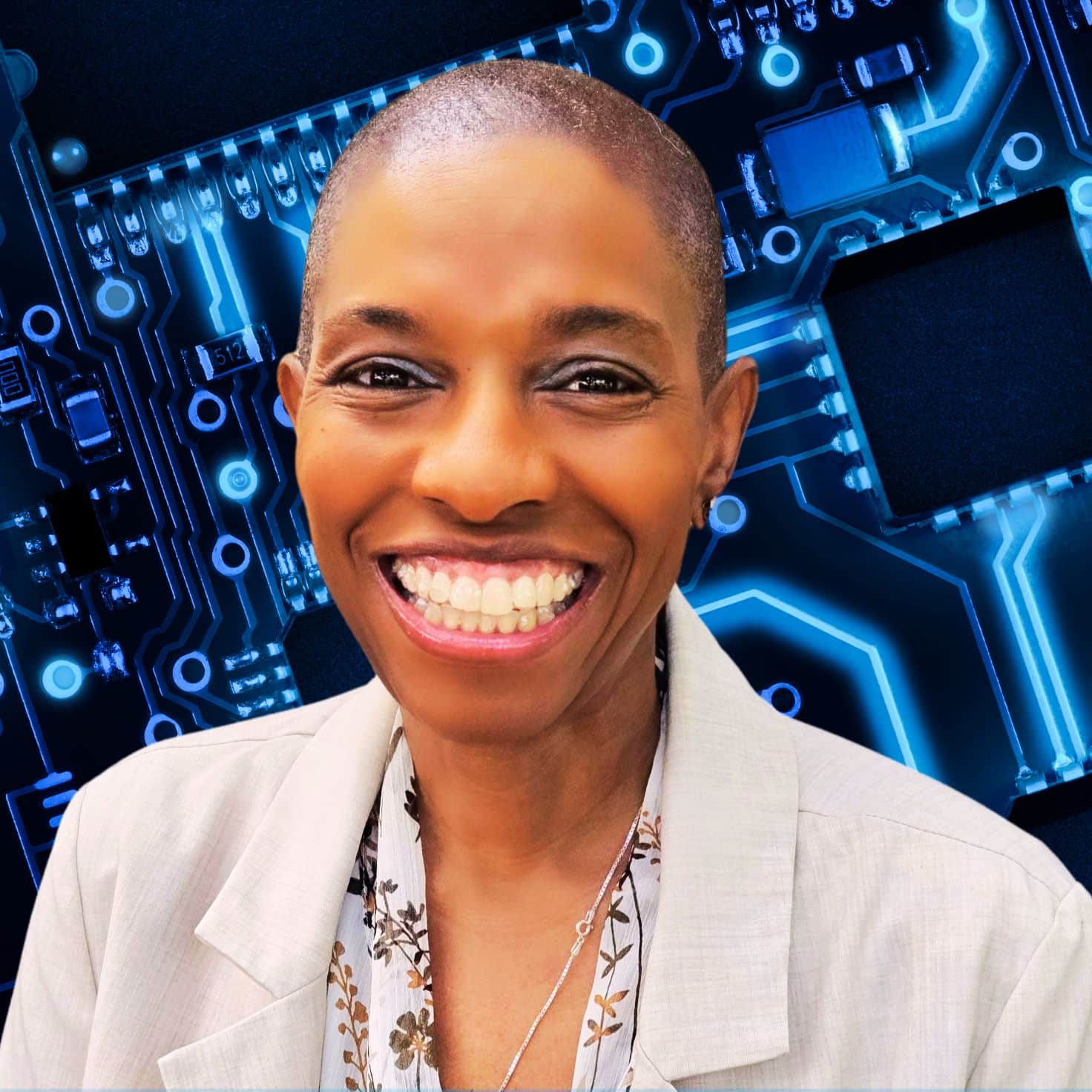 A smiling person is in front of a glowing, blue circuit board background, appearing professional and approachable.