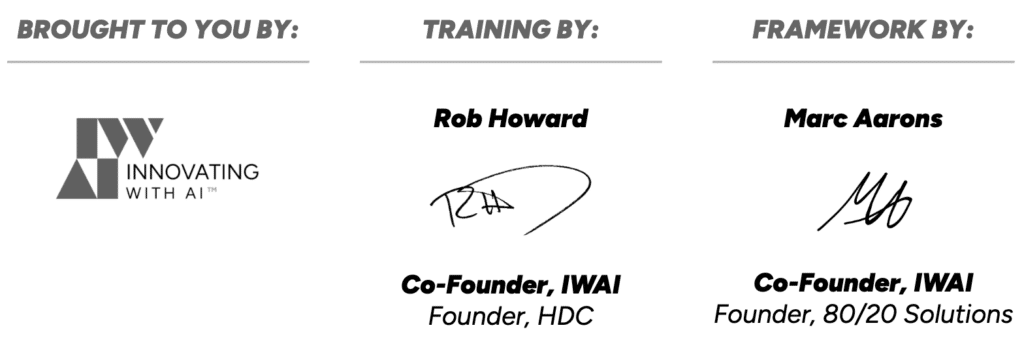 Logos and signatures promoting "Innovating with AI," featuring Rob Howard and Marc Aarons as co-founders, highlighting training and framework contributors.