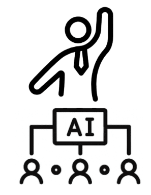 A stick figure person with a tie raises an arm. Below, "AI" connects to several people, illustrating artificial intelligence interaction.