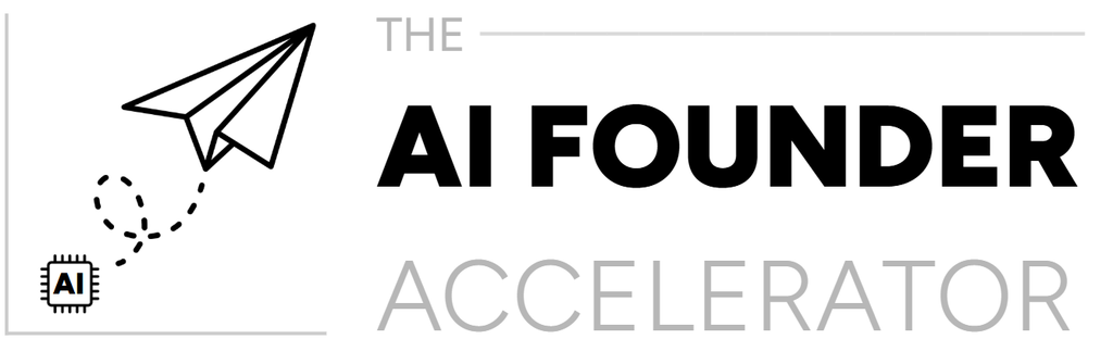 Logo for The AI Founder Accelerator featuring a paper plane icon and bold AI FOUNDER lettering.