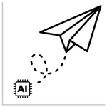 Paper airplane with a dotted flight path extending from an AI chip.