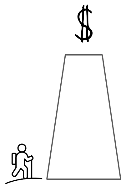 Two people stand beside a tall white obelisk against a black background.