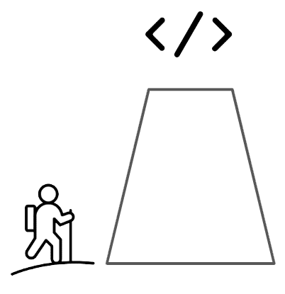 A person walks toward a large white doorway with the code symbols < /> above it.