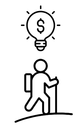 A person with a backpack walking, with a light bulb above their head symbolizing an idea.