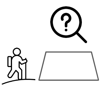 A person with a backpack walks toward a large table as a magnifying glass with a question mark hovers above.