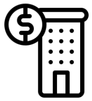 Line drawing of a bank building with a dollar coin.