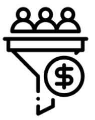 Crowdfunding icon with three people standing above a bar and a dollar sign coin.