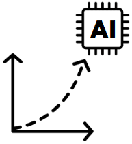 A line graph with a dashed, rising curve from the origin toward a small AI chip icon labeled AI.
