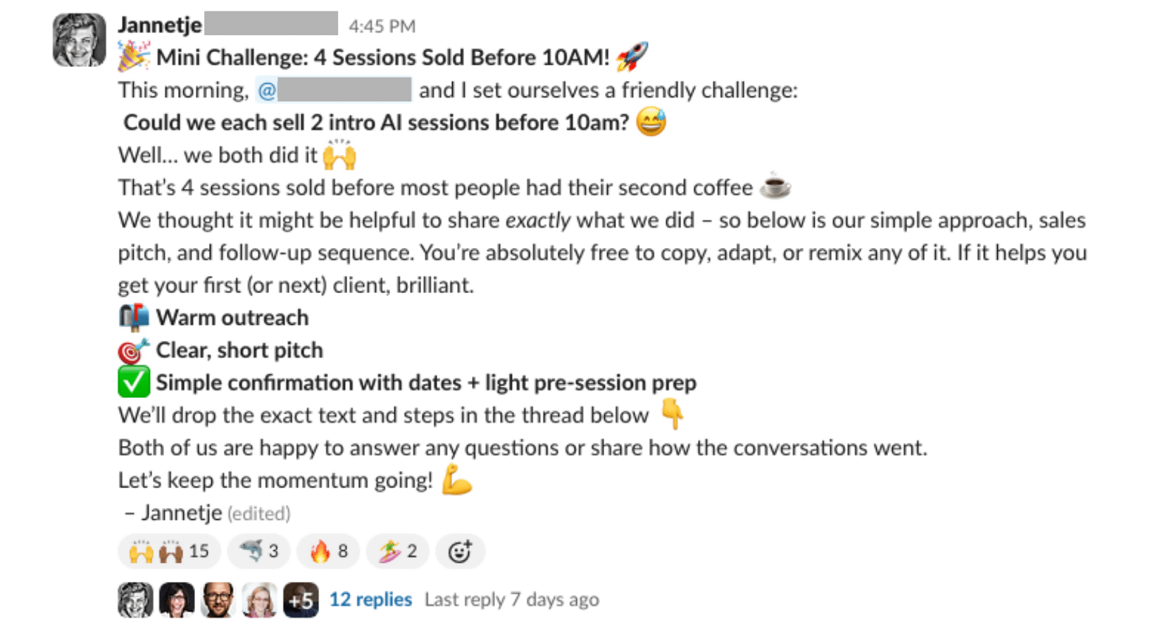 Slack post by Janelle announcing a Mini Challenge with four sessions sold before 1 PM, including comments and reactions.