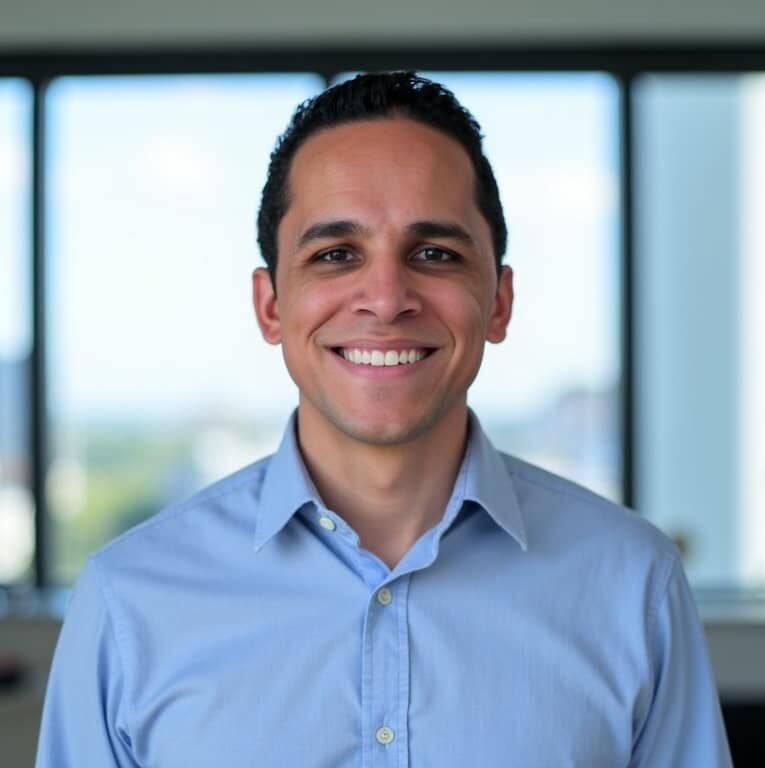 A smiling man in a light blue button-down shirt stands in a bright office with large windows.